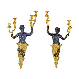 Large French Empire 24kt Gold Gilt Bronze Figural Male Female Sconces