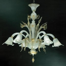 Murano Glass Lily Flower Chandelier with 24kt Gold Foliage
