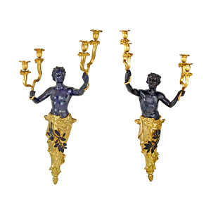 French Empire Male Female Gilt Gold Bronze Figural Wall Sconce Candelabras